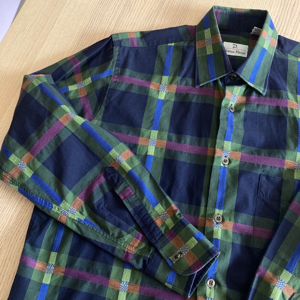 Neiman Marcus Button Down Mens S Blue Plaid Long Sleeve Pocket Cotton Shirt Read